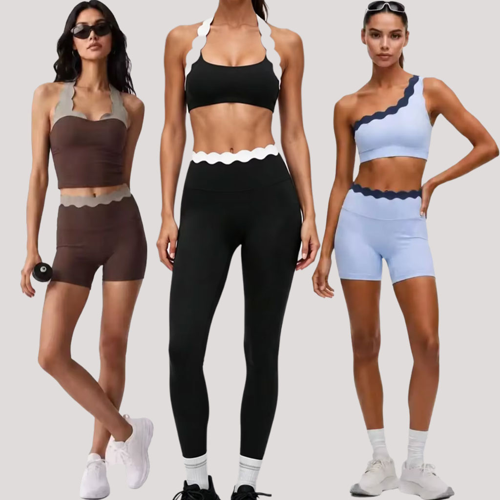 Yoga Fitness Set - ชุดโยคะผู้หญิง 2 ชิ้น ชุดกีฬาแบบสองสีพร้อมลูกไม้ลายเปลือกหอย บราสปอร์ตเอวสูง กางเกงเลกกิ้งเอวสูง