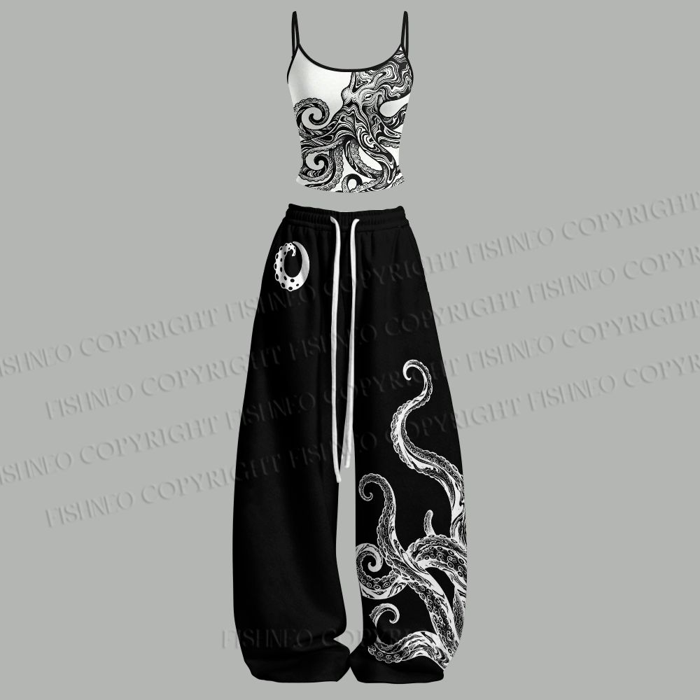 Yoga Fitness Set - ชุดเซ็ตสองชิ้น เสื้อครอปปลาหมึกขาวดำ กางเกงขายาวเอวยางยืด ชุดออกกำลังกายโยคะสำหรับผู้หญิง
