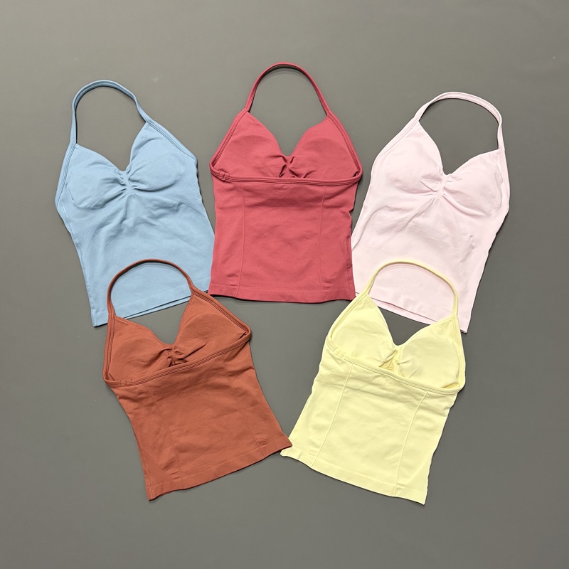 Yoga Fitness Tapis - เสื้อกล้ามกีฬาผู้หญิงแบบไร้ตะเข็บ สายคล้องคอแบบสปาเก็ตตี้ แผ่นรองบราถอดได้ แห้งเร็ว เหมาะสำหรับวิ่ง ฟิตเนส