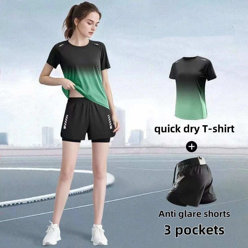 Yoga Fitness Kit - ชุดกีฬาสตรี กางเกงวิ่งขาสั้น เสื้อยืด ชุดโยคะ ชุดแบดมินตันฟิตเนสบาง ระบายอากาศได้ดี