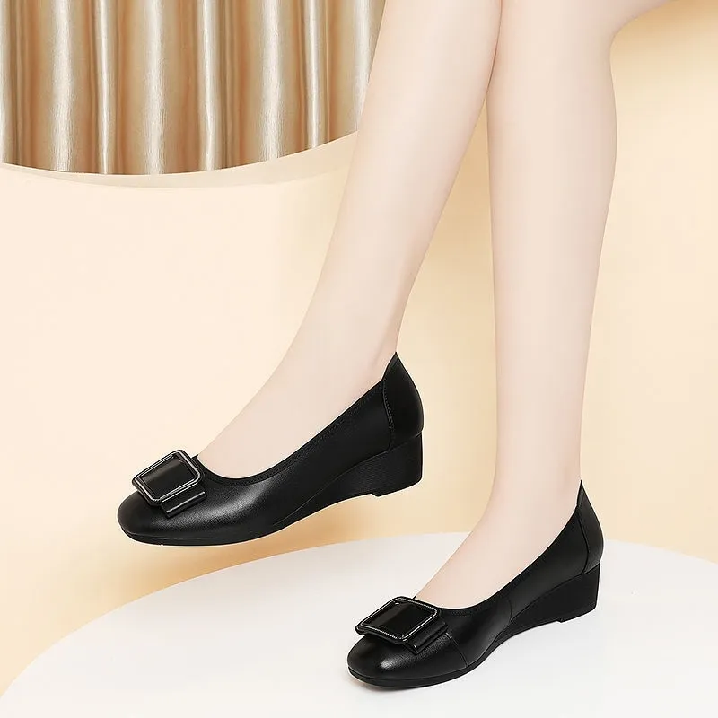 Ankle Weights - รองเท้าผู้หญิงน่ารัก หัวกลม น้ำหนักเบา หนังแก้วสีดำ สวมใส่สบาย ส้นเตารีด