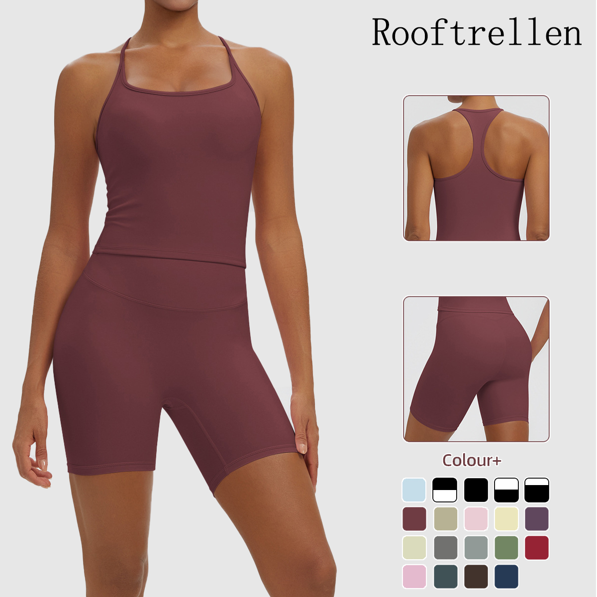 Yoga Fitness Kit - Rooftrellen ชุดโยคะสีพื้นเซ็กซี่ 2 ชิ้นสำหรับผู้หญิง เสื้อกั๊กทรงตัวไอโชว์แผ่นหลังสวยงาม ชุดกางเกงขาสั้นสำหรับออกกำลังกาย